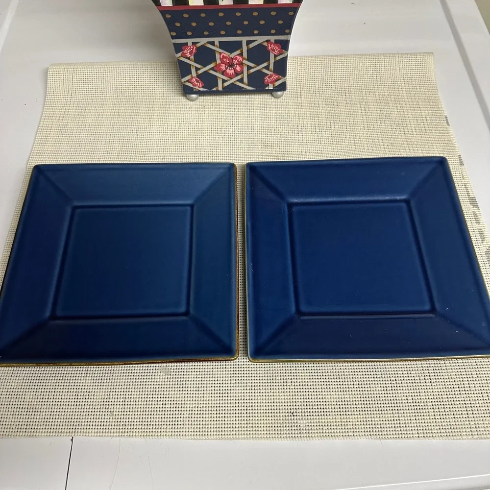 Pottery Barn Asian Square Blue 2 Pc Salad Plates & Rectangular Platter Vntage